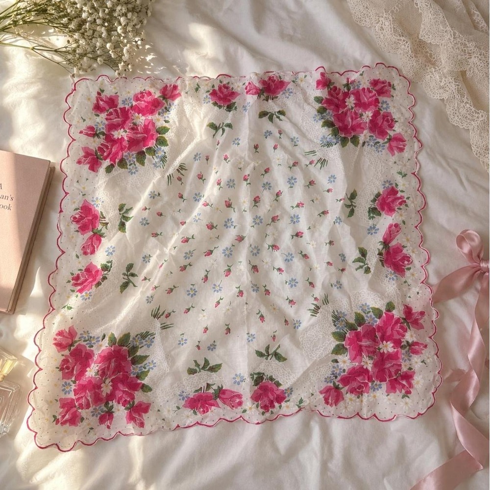 Floral Rose Bandana Vintage white floral square scarf